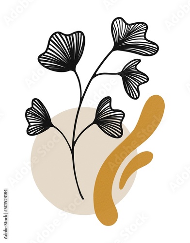 Hand Drawing Abstract Composition with Ginkgo and Shapes. Earthen pastel shades with Transparent effect and Textures. Use for poster, card, home decor, design, print, textile, fabric, shop, backdrop