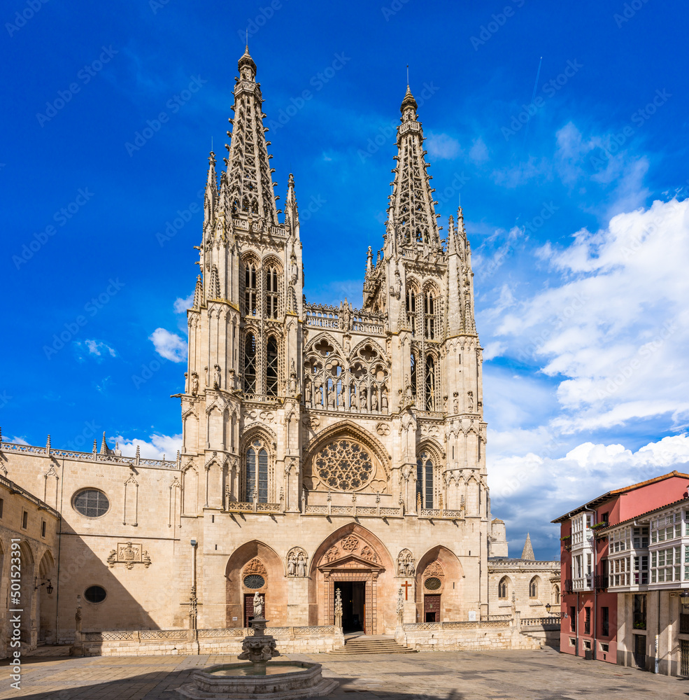 Burgos,Spain - April 26 2022 - Place of Rey San Fernando with Cathedral of Saint Mary in Burgos. Burgos is a city in northern Spain and the historic capital of Castile.