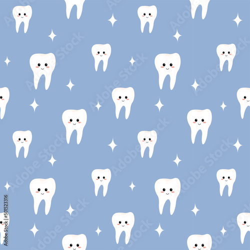 Vector seamless pattern with cute teeth on a blue background. Illustration for chidren on a theme of dentistry