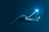 Hand growth arrow symbol business up background of success graph financial profit stock diagram or growing economy investment income target and goal increase achievement on development strategy chart.