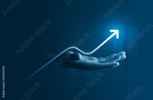 Fotografia Hand growth arrow symbol business up background of success graph financial profit stock diagram or growing economy investment income target and goal increase achievement on development strategy chart