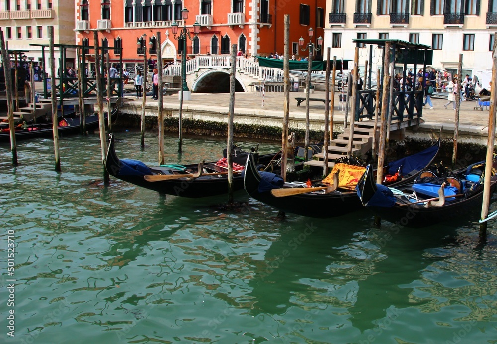 Italy, Veneto, Venice: Gondolas at rest.