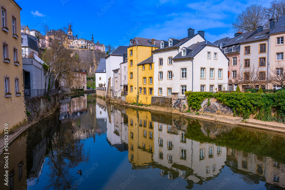 Luxembourg, Luxembourg - March 28 2022 - Houses at the Alzette river from the Rue Munster