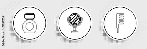 Set line Hairbrush, Aftershave and Round makeup mirror icon. Vector
