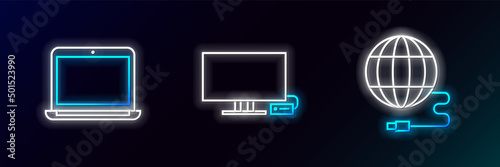 Set line Social network, Laptop and Smart Tv icon. Glowing neon. Vector