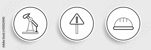 Set line Worker safety helmet, Oil pump pump jack and Exclamation mark in triangle icon. Vector
