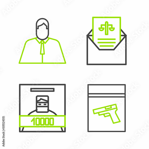 Set line Evidence bag and pistol or gun, Wanted poster, Subpoena and Lawyer, attorney, jurist icon. Vector