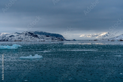Sea with melting ice cubes, snowy mountains In Svalbard, Norway. Global Warming. © Maris Maskalans