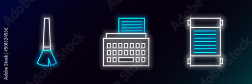 Set line Decree, paper, parchment, scroll, Paint brush and Retro typewriter icon. Glowing neon. Vector
