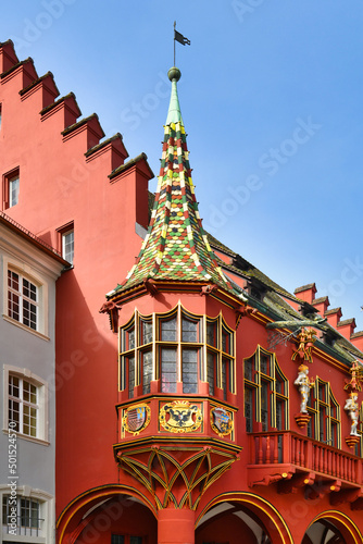 Freiburg, Germany - Oriel window of red Historical Merchants' Hall building