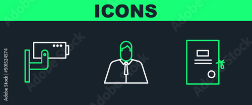 Set line Lawsuit paper, Security camera and Lawyer, attorney, jurist icon. Vector
