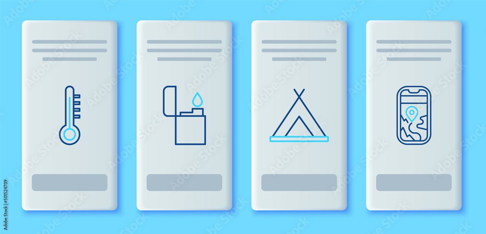 Set line Lighter, Tourist tent, Meteorology thermometer and City map navigation icon. Vector Set line Lighter, Tourist tent, Meteorology thermometer and City map navigation icon. Vector