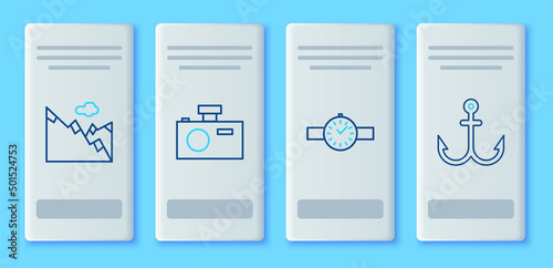 Set line Photo camera, Wrist watch, Mountains and Anchor icon. Vector