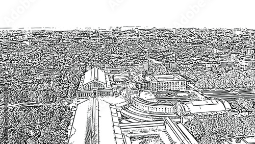 Brussels, Belgium. Park of the Fiftieth Anniversary. Park Senkantoner. The Arc de Triomphe of Brussels (Brussels Gate). Doodle sketch style. Aerial view photo