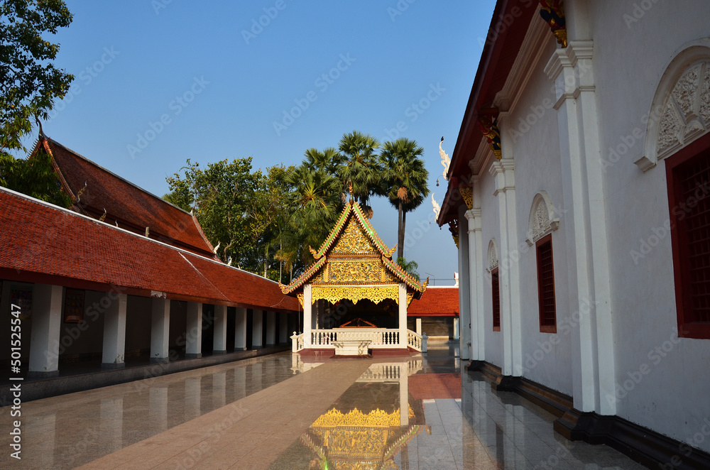Ancient architecture antique building ubosot for thai people and foreign travelers travel visit and respect praying buddha blessing holy worship of Wat Si Khom Kham buddhist temple in Phayao, Thailand