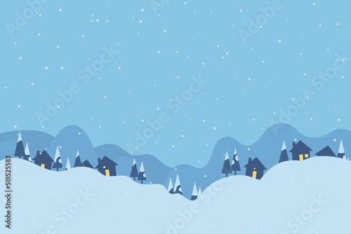 Christmas winter village background, holidays in mountains vector design. Cartoon hand drawn graphics with space for logo branding or text. 