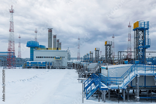 Gas compressor station in Russia for pumping natural gas in the winter photo