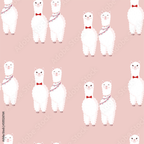 Seamless pattern with llamas in love on a pink background. Vector illustration suitable for baby texture, textile, fabric, poster, Valentines day greeting card, decor. Cute alpaca from Peru.