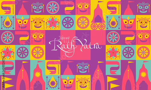 Happy Rath Yatra holiday. Lord Jagannath, Balabhadra and Subhadra. Vector illustration set.