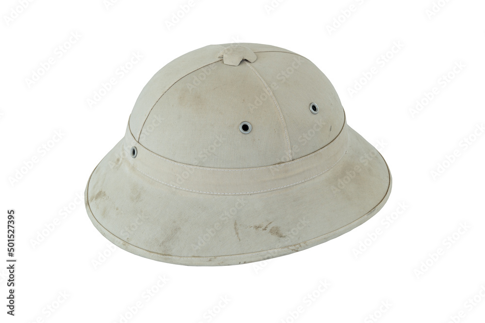 Fototapeta premium Side view of Used and Dirty Explorer Hat isolated on white background