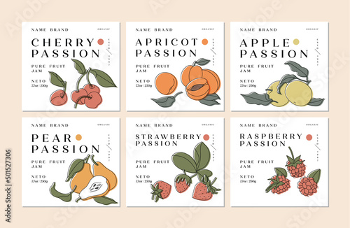 Vector illustration set of design labels with apple, apricot, pear, strawberry and raspberry, cherry fruits - simple linear style. Emblems composition with fruits and typography.