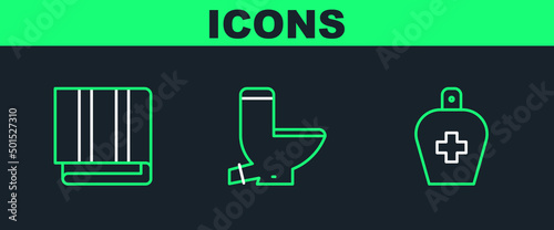 Set line Bottle of liquid antibacterial soap, Towel stack and Toilet bowl icon. Vector