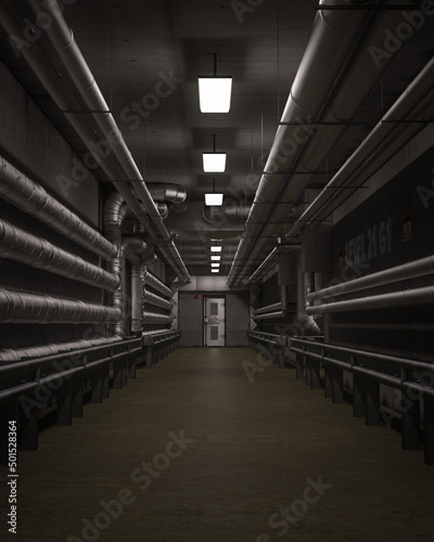 Fototapeta Dark industrial interior corridor with metal piping along the walls