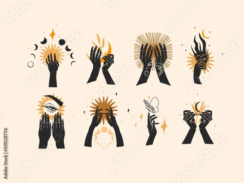 Hand drawn vector abstract graphic illustration with logo elements collection bundle set,magic line art of crescent,moon and human hands black silhouettes,isolated,Minimalist feminine astrology.
