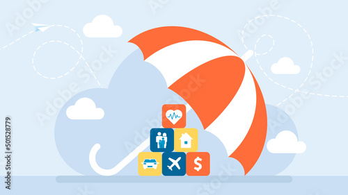 Property insurance. Protection from threats. Insurance and Assurance. Save life, property, car, health, family, travel, home. Broker agent. Family protection care. Flat design. Vector illustration.