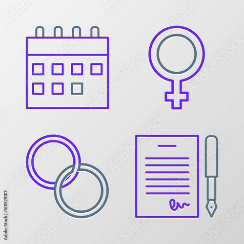 Set line Marriage contract, Wedding rings, Female gender symbol and Calendar icon. Vector