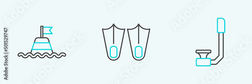 Set line Snorkel, Floating buoy on the sea and Rubber flippers icon. Vector