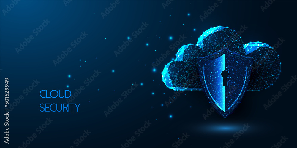 Futuristic cloud security concept with glowing low poly digital cloud storage and protective shield