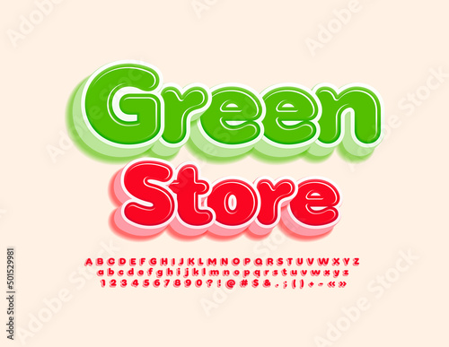 Vector colorul Emblem Green Store. Modern Red 3D Font. Artistic Alphabet Letters and Numbers set