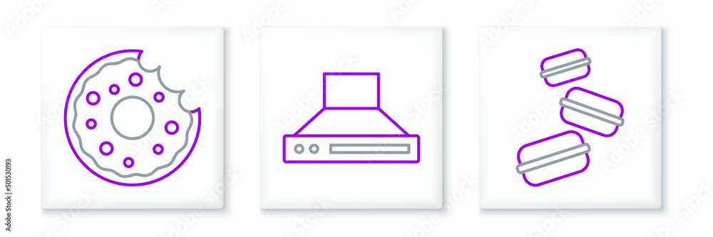 Set line Macaron cookie, Donut and Kitchen extractor fan icon. Vector Set line Macaron cookie, Donut and Kitchen extractor fan icon. Vector