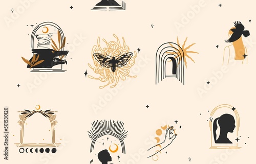 Hand drawn vector abstract stock flat graphic illustration with logo element,bohemian magic line art seamless pattern of woman hand,gold sun,star and moon phase in simple style,feminine astrology.