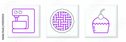 Set line Cake, Electric mixer and Homemade pie icon. Vector