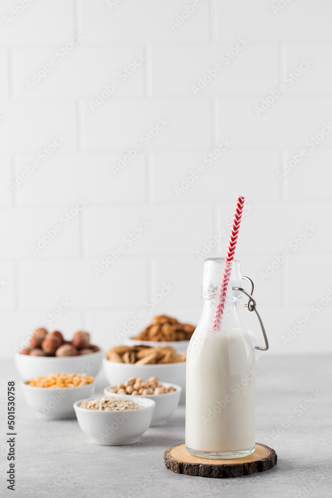 A bottle of vegetable milk on the background of bowls with nuts, oat flakes. The concept of variability milk. A bottle of vegetable milk on the background of bowls with nuts, oat flakes. The concept of variability milk.