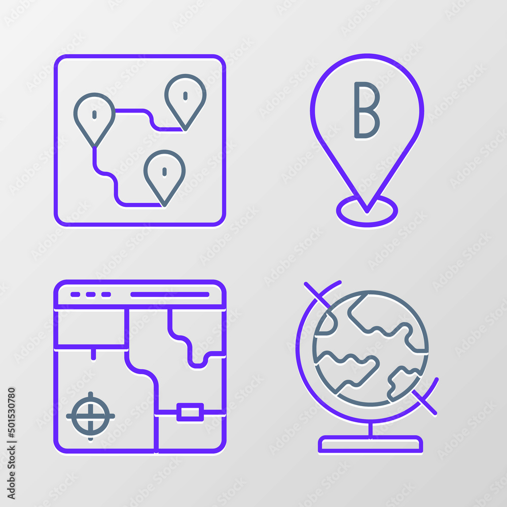 Fototapeta premium Set line Earth globe, Infographic of city map, Location and Route location icon. Vector