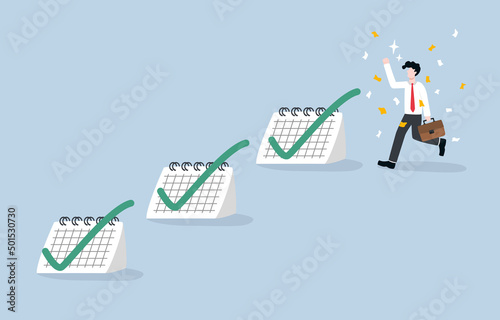 Successful completion of the probationary period, time of new employee receives training and observation carefully concept. New employee being happy with correct signs on calendars.