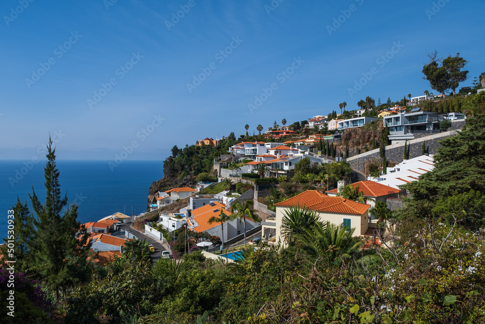 Residential houses in a small town Canico near Funchal, Madeira, Portugal. October 2021