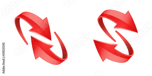 Red realistic 3D glossy arrows are moving towards.