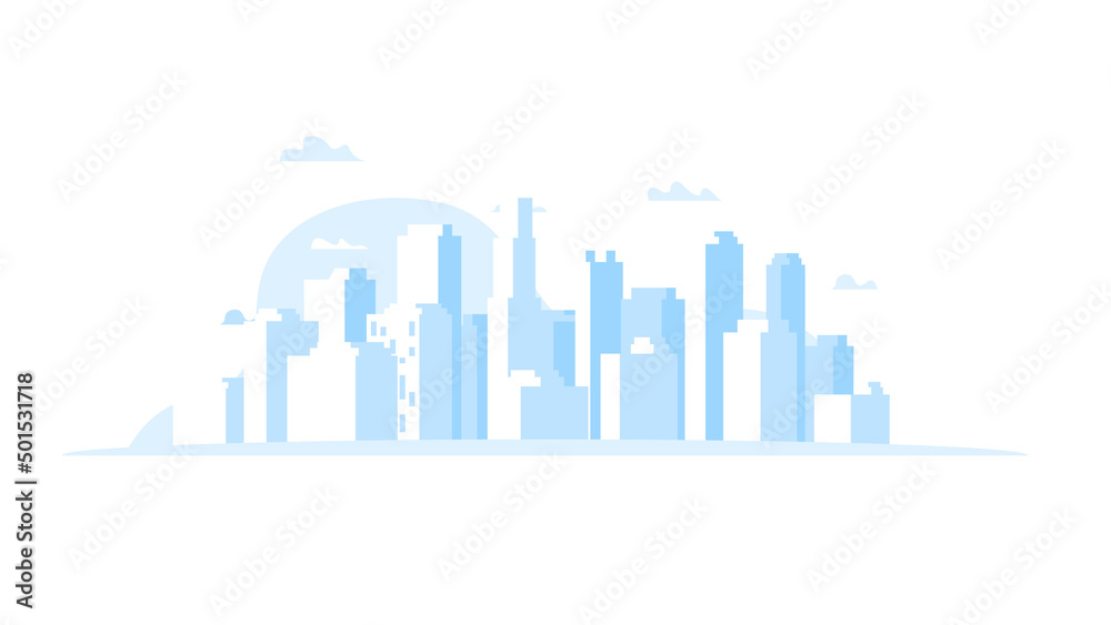 Simple and clean blue panoramic vector cityscape. Low detailed buildings. Metropolis with skyscrapers. Backdrop cityscape template.