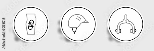 Set line Bicycle brake calipers, Plaster on leg and helmet icon. Vector