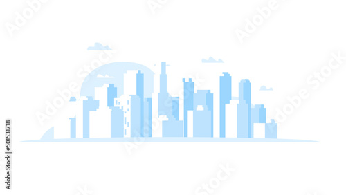 Simple and clean blue panoramic vector cityscape. Low detailed buildings. Metropolis with skyscrapers. Backdrop cityscape template.