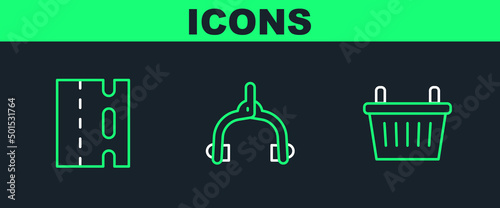 Set line Bicycle basket, lane and brake calipers icon. Vector