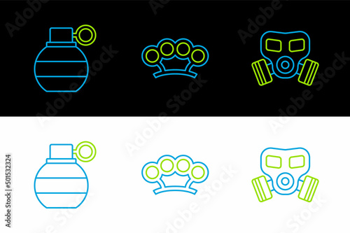 Set line Gas mask, Hand grenade and Brass knuckles icon. Vector