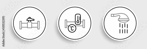 Set line Shower, Industry pipe and valve and metallic icon. Vector