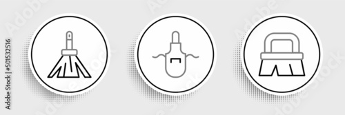 Set line Brush for cleaning, Handle broom and Kitchen apron icon. Vector