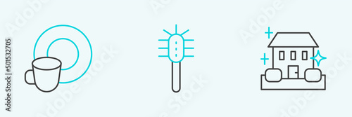 Set line Home cleaning service, Washing dishes and Toilet brush icon. Vector