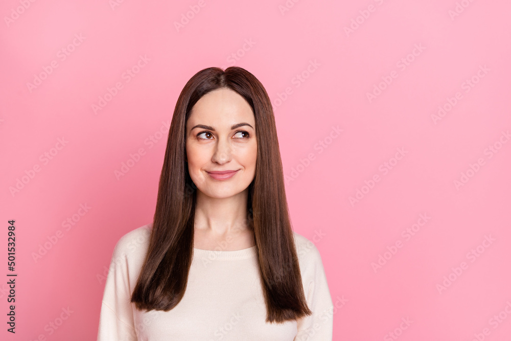 Photo of creative mind smart smiling lady watch advert empty space wear long sleeve shirt isolated pink pastel color background Photo of creative mind smart smiling lady watch advert empty space wear long sleeve shirt isolated pink pastel color background